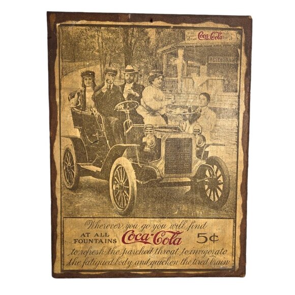 Antique COCA-COLA AT ALL Fountains Model T Car Poster Wood Wall Hang 14"x 10.5" - Picture 1 of 11